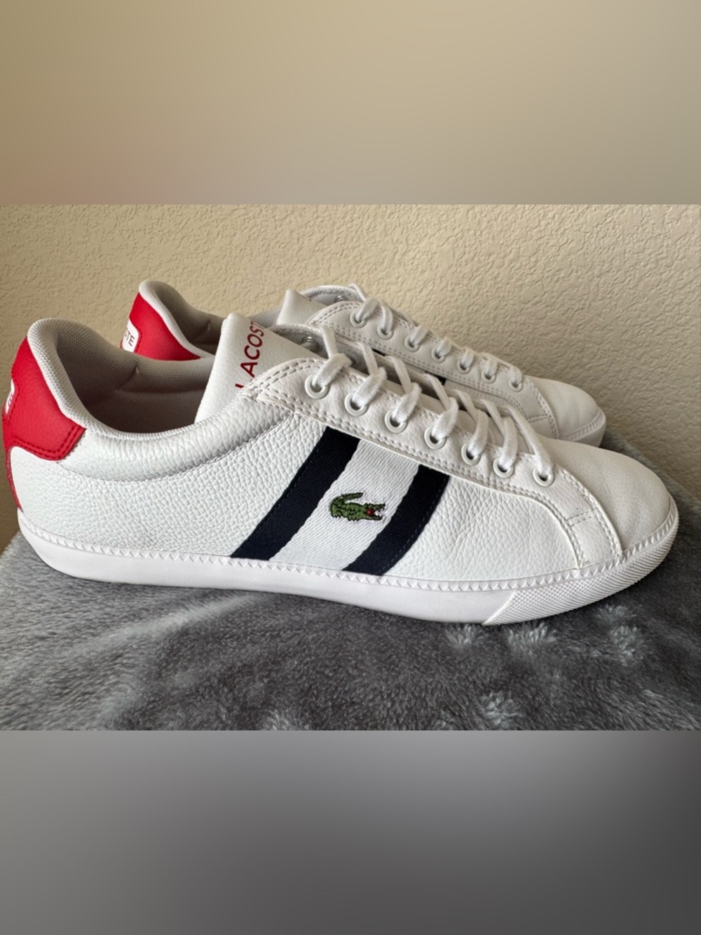 Lacoste White Sneakers with Red Insole and Navy Accent, Size 10M, Used.